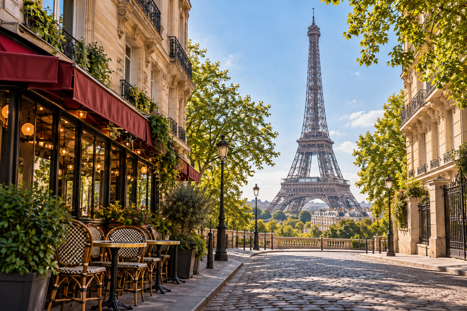 Eiffel Tower seen from a Paris street