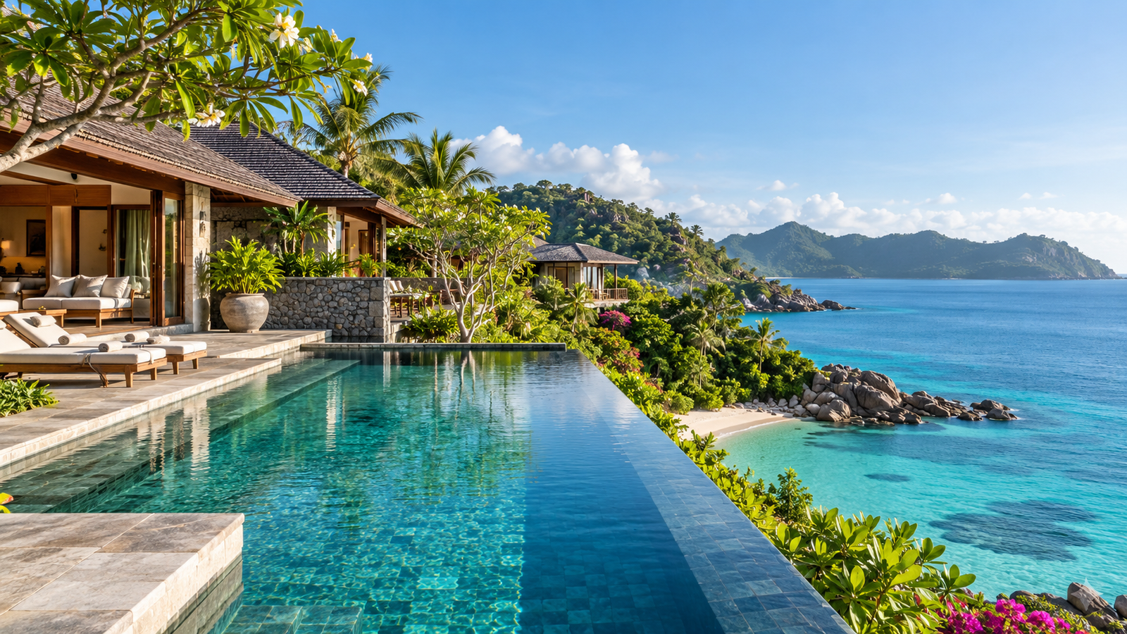 Tropical resort beside turquoise water