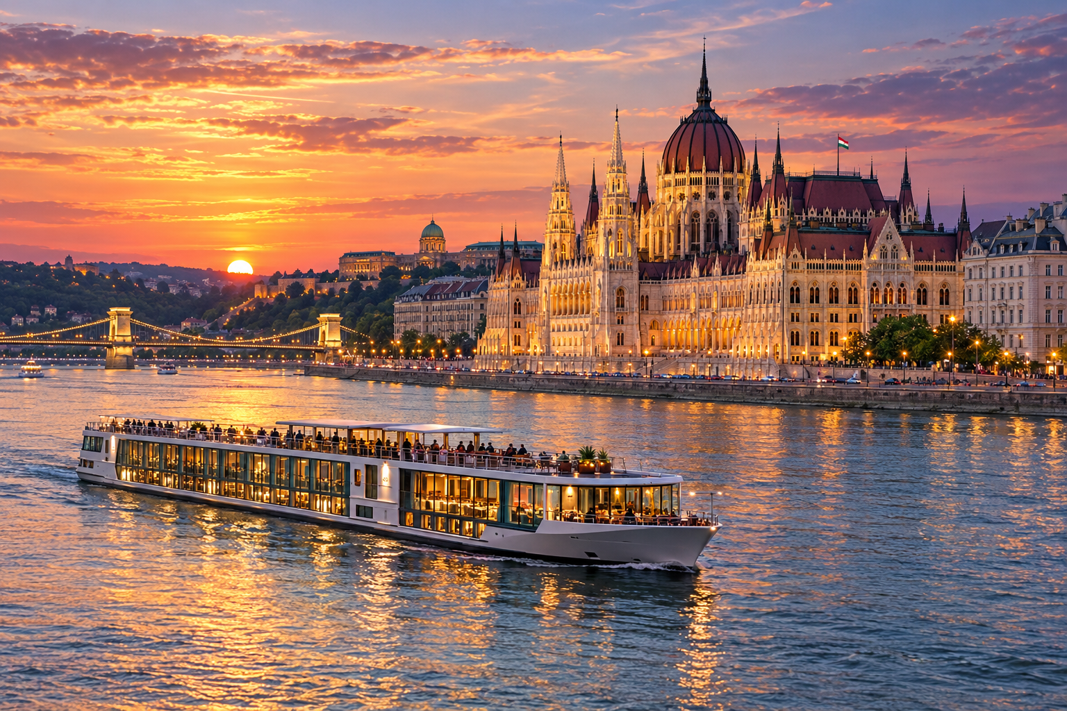 River cruise ship near the Budapest skyline at sunset